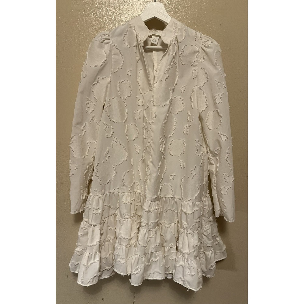 H&M Conscious White Cream Jacquard Weave Dress Ruffle Tiered Women's Size S